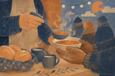 Compassionate Hands Serving Soup at Dusk