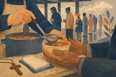 Compassionate Hands Serving Meals After Rain