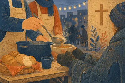 Volunteers Serving Soup with Christian Compassion