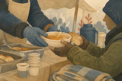 Compassionate Hands Serving Soup Outdoors