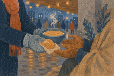 Compassionate Hands Serving Soup at Dusk