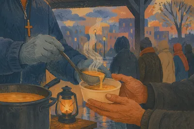Hands Serving Soup to the Homeless