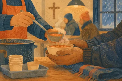 Volunteer Hands Serving Soup in Church Hall