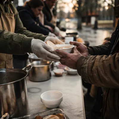 Compassionate Hands Serving Soup Outdoors