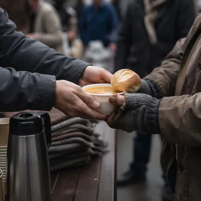 Compassionate Hands Serving Soup on City Morning