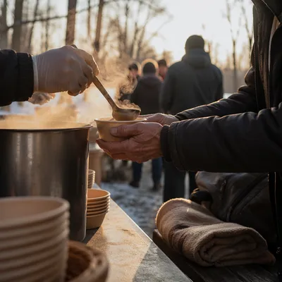 Compassionate Hands Serving Soup Outdoors