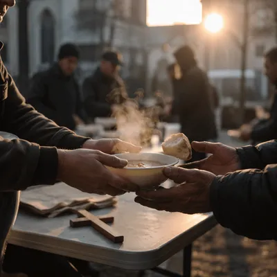 Compassionate Hands Serving Soup at Sunrise