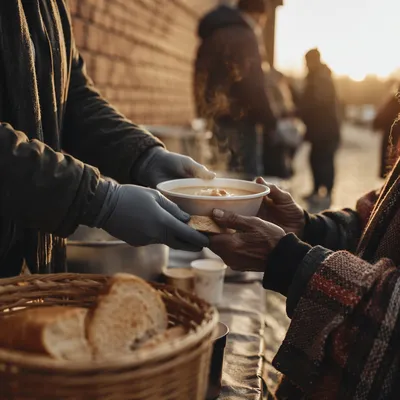 Compassionate Hands Serving Soup at Sunrise