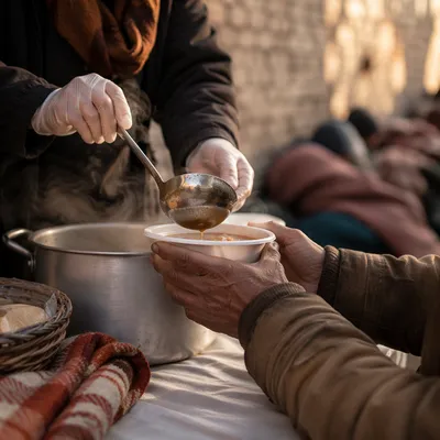 Compassionate Hands Serving Warm Meal Outdoors