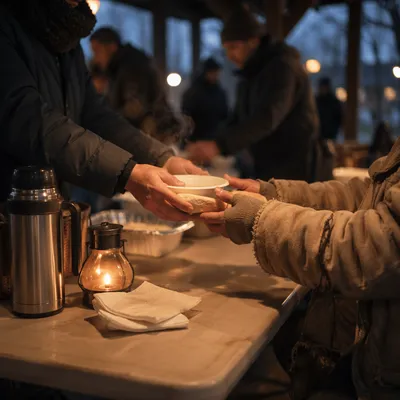 Compassionate Hands Serving Soup at Dusk