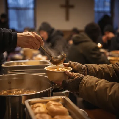 Volunteer Hands Serving Soup to Homeless Guests