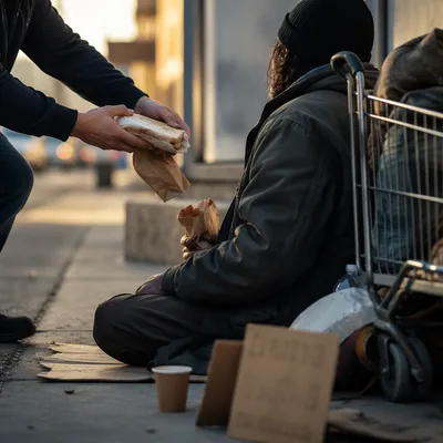 Volunteer Offering Food to Homeless Neighbor