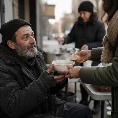 Volunteer Serving Soup on City Sidewalk