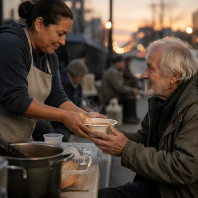 Volunteer Serving Soup on City Sidewalk