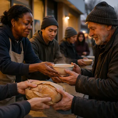Volunteers Serving Hot Meals Outdoors