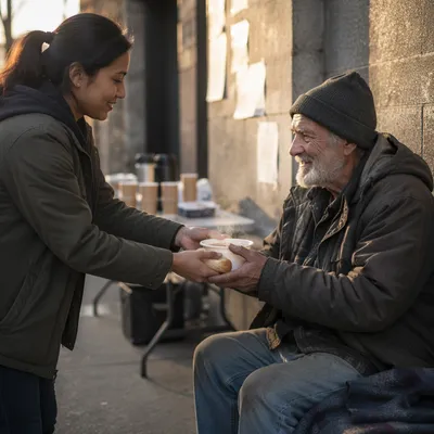 Volunteer Serving Soup on City Sidewalk