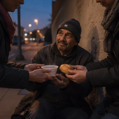 Volunteers Offering Soup on City Sidewalk