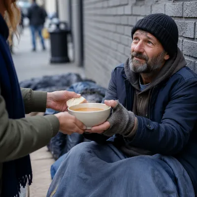 Volunteers Serving Soup on City Sidewalk
