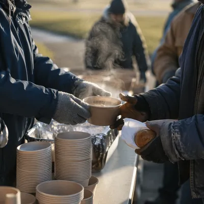 Volunteers Serving Warm Meals to Homeless Neighbors