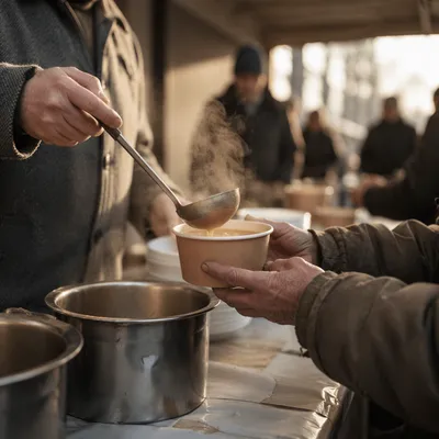 Compassionate Hands Serving Soup to Homeless