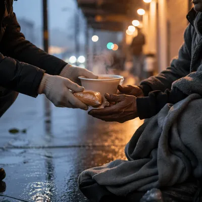Compassionate Hands Serving Soup at Dusk
