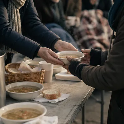 Volunteers Serving Warm Meals to Homeless Neighbors
