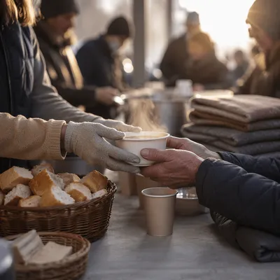 Volunteers Serving Warm Meal to Homeless Neighbors