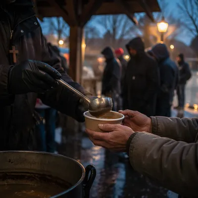 Compassionate Hands Serving Soup at Dusk