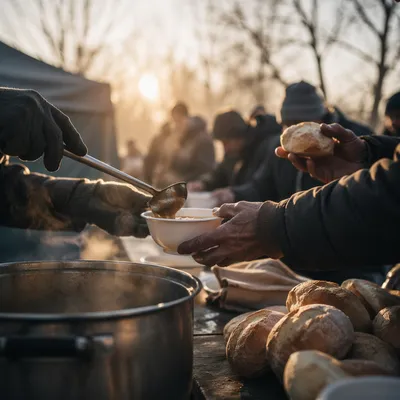 Compassionate Hands Serving Soup at Sunrise