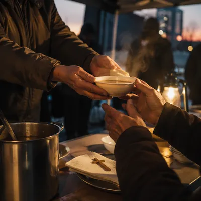 Compassionate Hands Serving Soup at Dusk