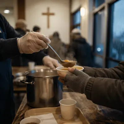 Volunteer Hands Serving Soup in Community Hall