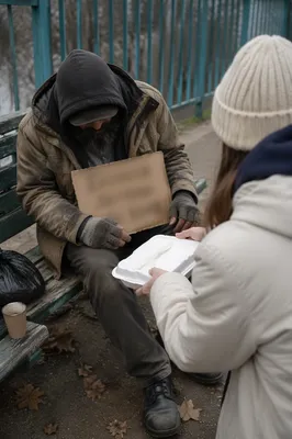 Volunteer Offering Meal to Homeless Person