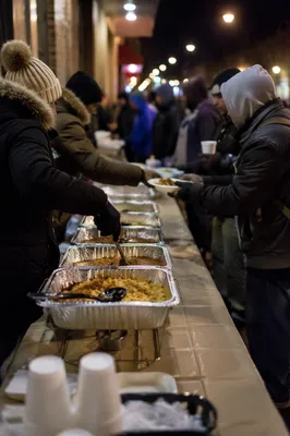 Hands Serving Warm Meals on City Sidewalk