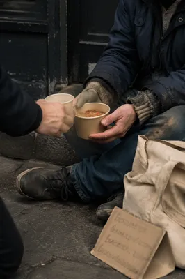 Volunteer Hands Sharing Warm Meal Downtown