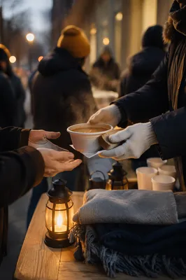 Hands Serving Warm Soup to the Homeless