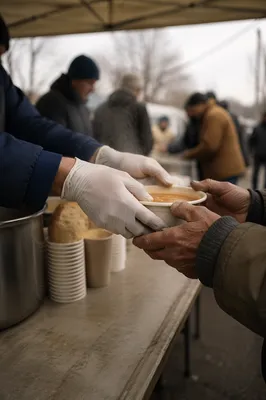 Volunteer Hands Serving Soup to Homeless
