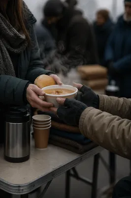 Compassionate Hands Serving Warm Soup Outdoors