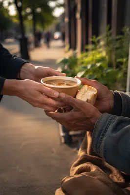 Volunteer Hands Offering Soup and Bread