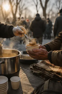 Compassionate Hands Serving Warm Soup Outdoors
