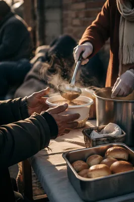 Compassionate Hands Serving Soup Outdoors