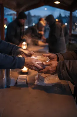 Compassionate Hands Serving Soup at Dusk