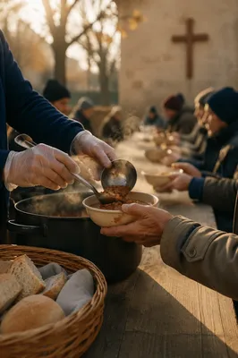 Volunteers Serving Warm Meal in Church Courtyard