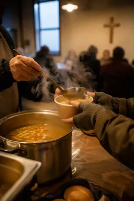Volunteer Hands Serving Soup in Meal Hall