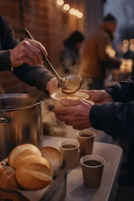 Compassionate Hands Serving Warm Meal Outdoors
