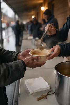 Compassionate Hands Serving Soup After Rain