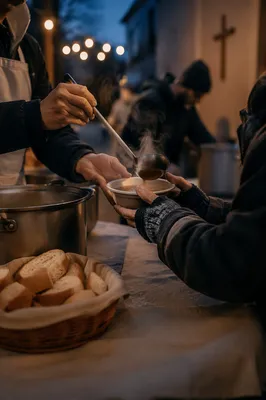 Volunteers Serving Soup with Christian Compassion