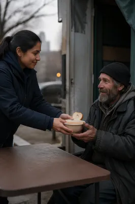 Volunteer Offering Soup to Seated Man