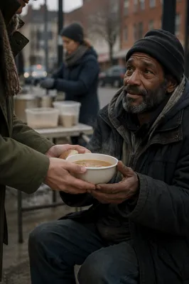 Volunteer Serving Soup on City Sidewalk