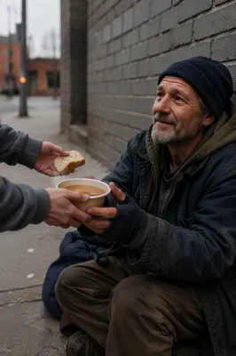 Volunteers Offering Soup on City Sidewalk