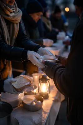 Volunteers Serving Warm Meals Outdoors